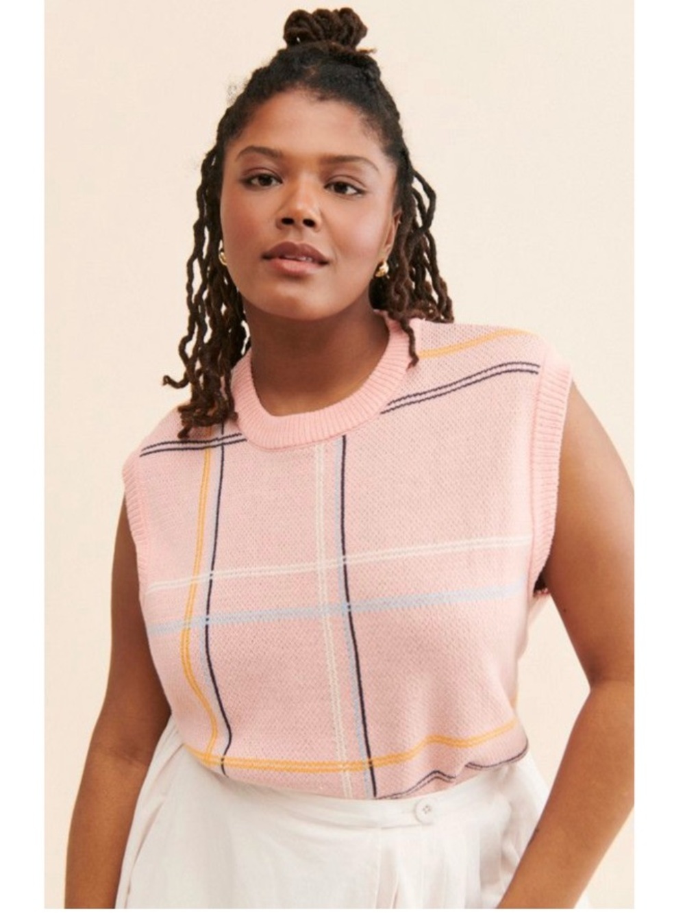 Anthropologie Callahan Posh Windowpane Plaid Knit Sleeveless Vest Pink Medium